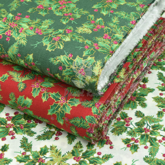 Christmas Metallic Vintage Holly 100% cotton fabric by half metre | 140cm wide