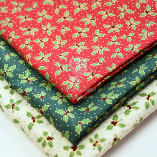 Christmas Metallic Winterberry Holly 100% cotton fabric by half metre | 140cm wide