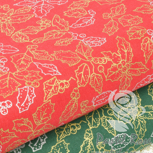 Metallic Holly Leaves 100% cotton fabric by half metre John Louden | 110cm wide