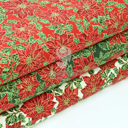 Christmas Metallic Poinsettia 100% cotton fabric by half metre | 140cm wide