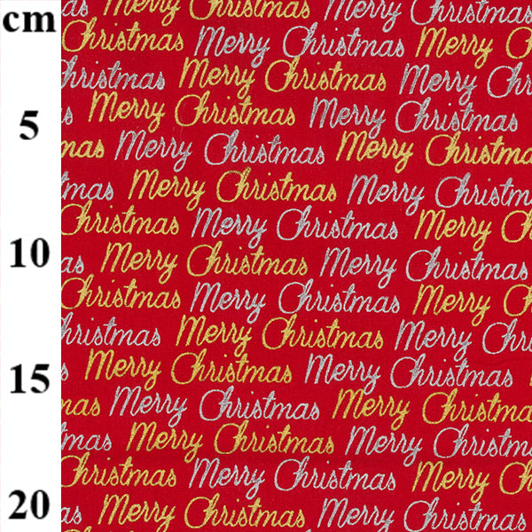 Metallic Merry Christmas Red 100% cotton fabric by half metre John Louden | 110cm wide