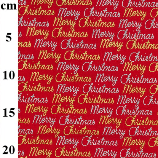 Metallic Merry Christmas Red 100% cotton fabric by half metre John Louden | 110cm wide