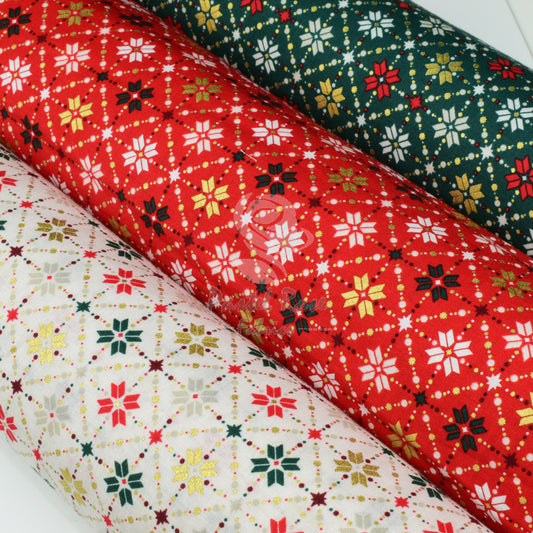 Christmas Metallic Snowflakes Fair Isle 100% cotton fabric by half metre | 140cm wide