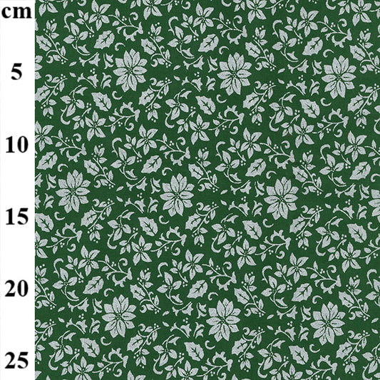 Metallic Silver Poinsettia Green 100% cotton fabric by half metre John Louden | 110cm wide